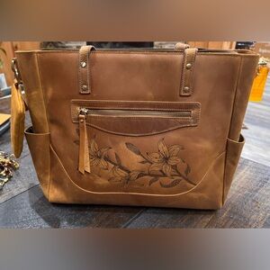 Floral Embossed Brown Leather Tote, Hand Drawn Lillie’s and coin purse